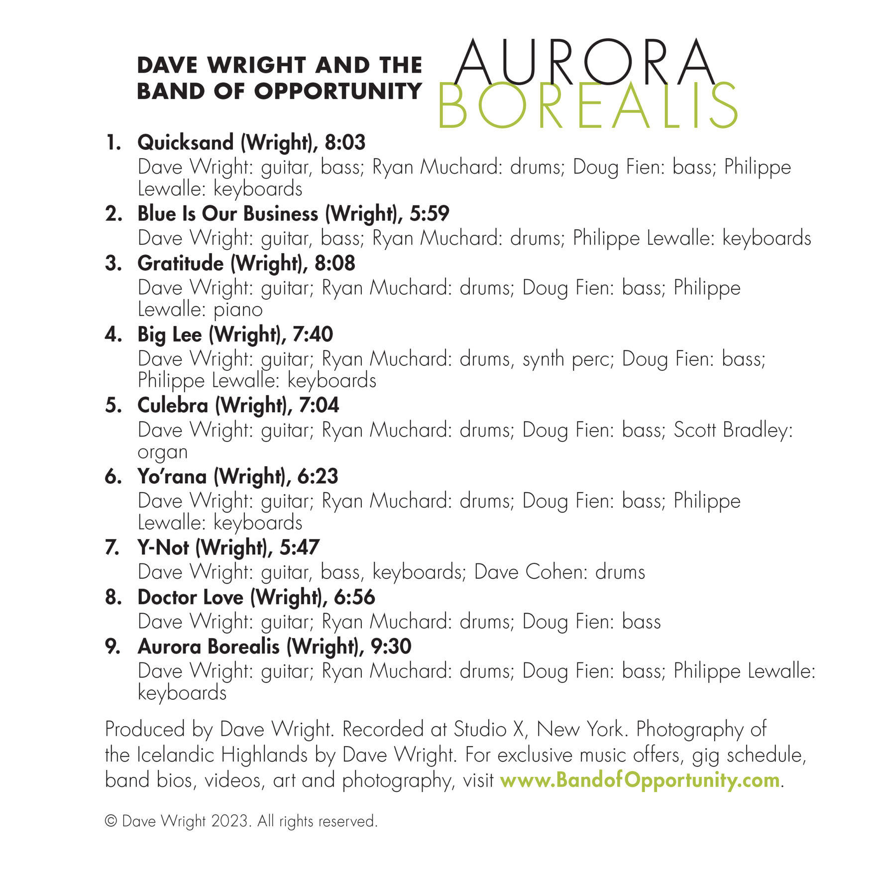 Dave Wright and The Band Of Opportunity: Aurora Borealis album liner notes
